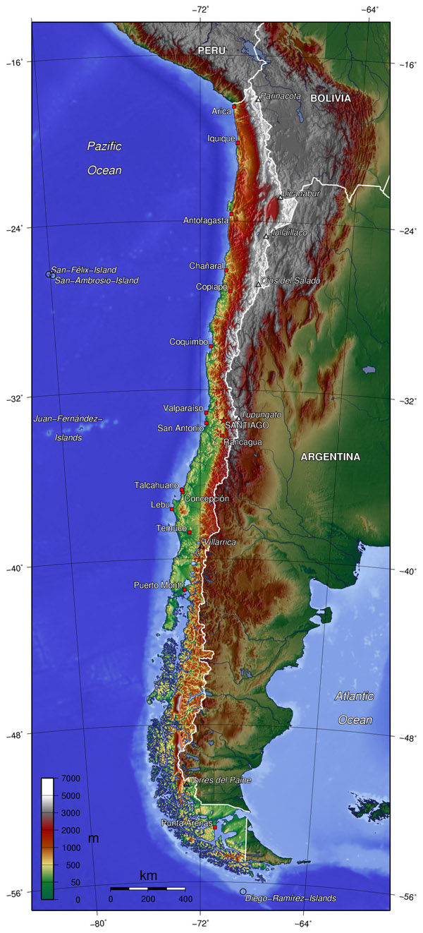 Large detailed topographical map of Chile. Chile large detailed topographical map.