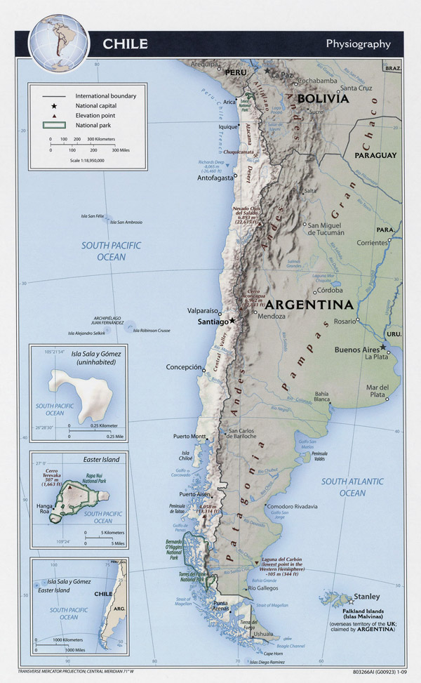 Large physiography map of Chile - 2009.