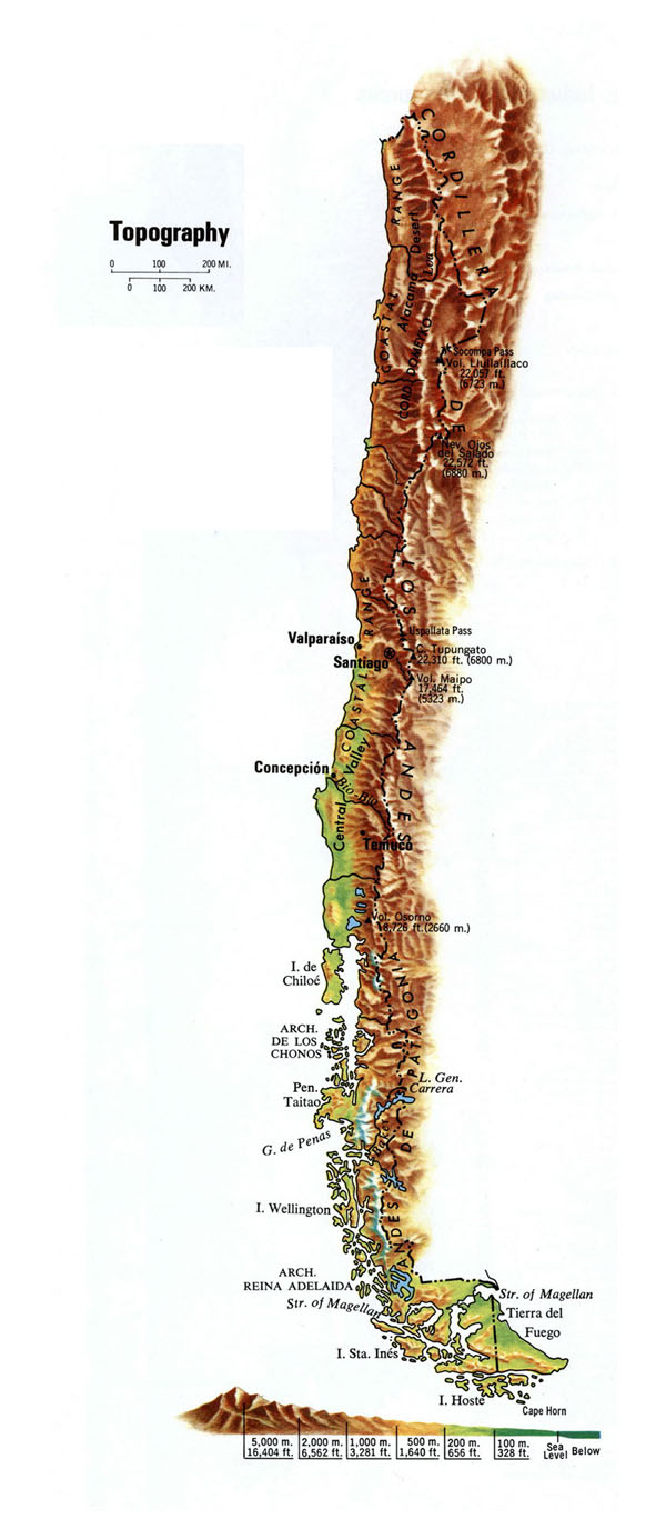 Large topography map of Chile. Chile large topography map.