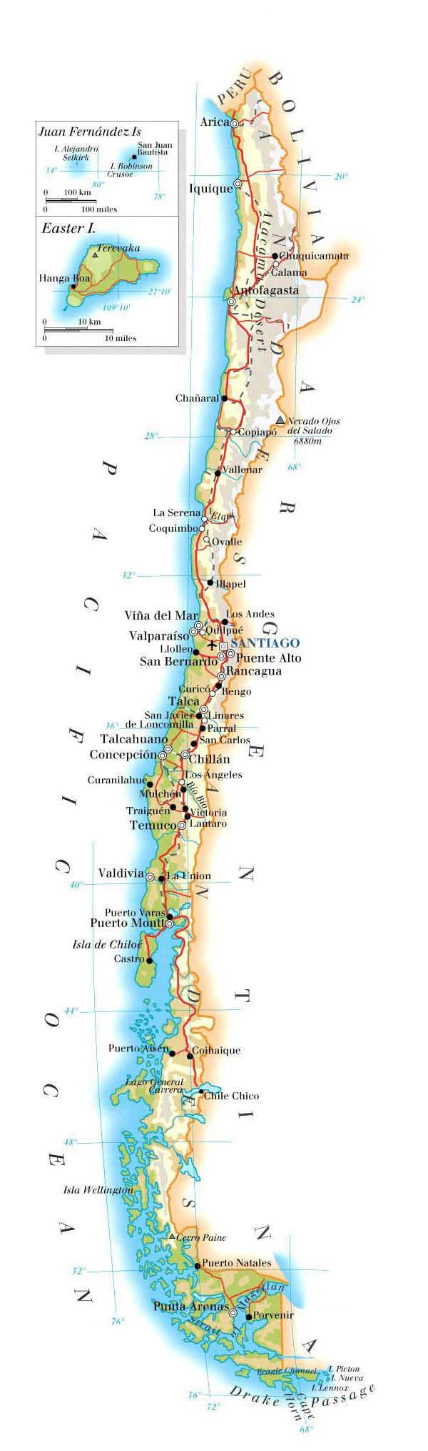 Physical map of Chile with airports and cities.
