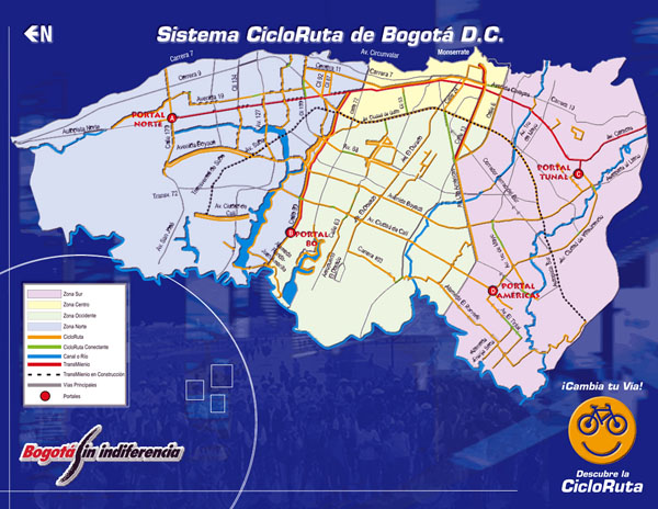 Detailed bike paths network map of Bogota city.
