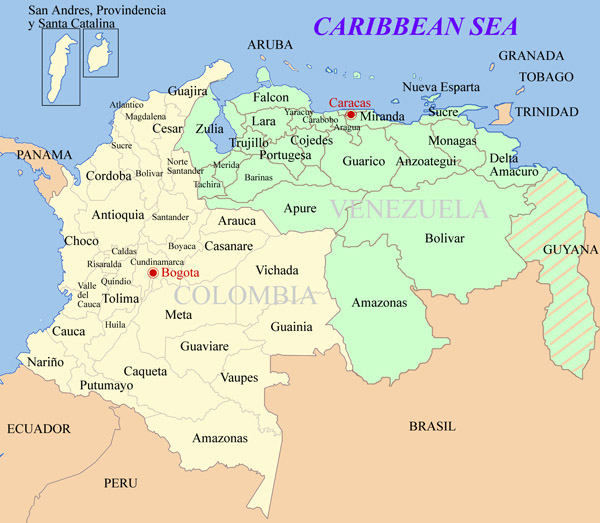 Detailed map of Colombia and Venezuela. Colombia and Venezuela detailed map.