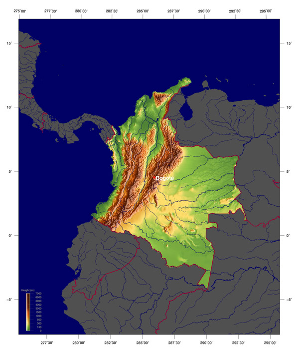 Detailed physical map of Colombia. Colombia detailed physical map.