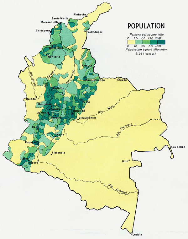 Detailed population map of Colombia 1970. Colombia detailed population map of 1970.