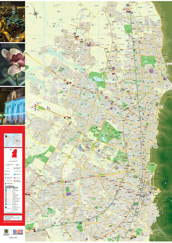 Detailed roads and tourist map of Bogota city.