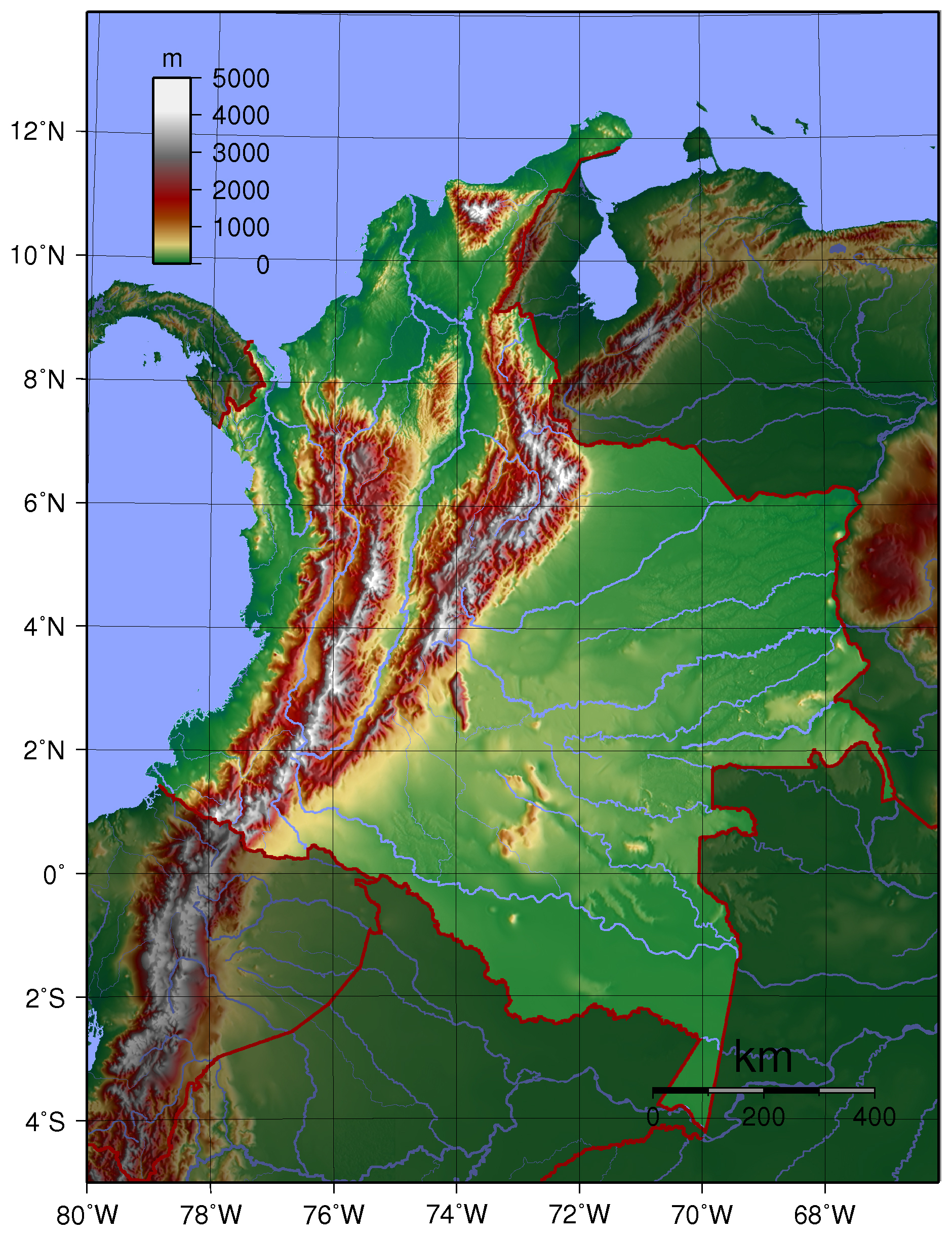 Detailed topographical map of Colombia. Colombia detailed topographical 