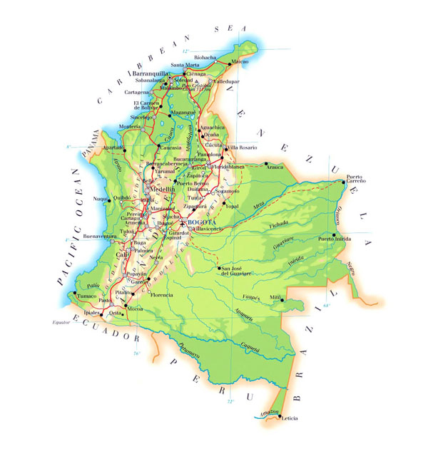 Elevation map of Colombia with roads, cities and airports.