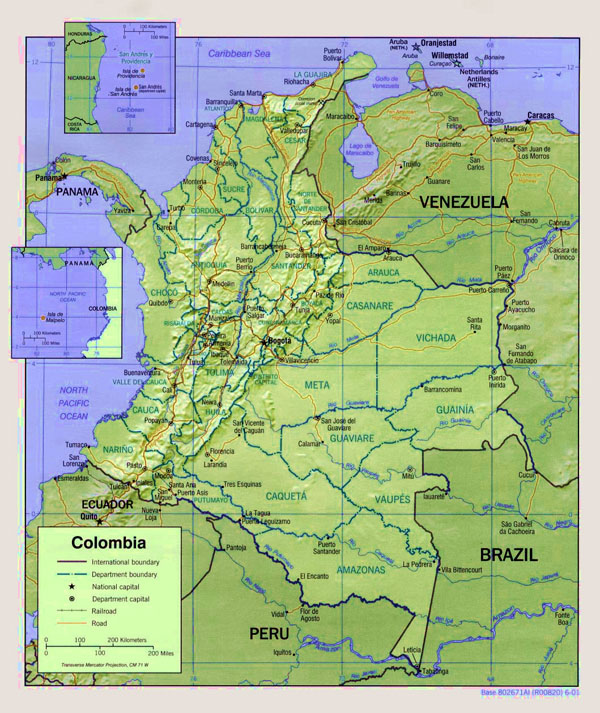 Large detailed administrative and political map of Colombia with relief and roads.