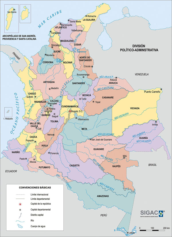 Large detailed administrative map of Colombia.