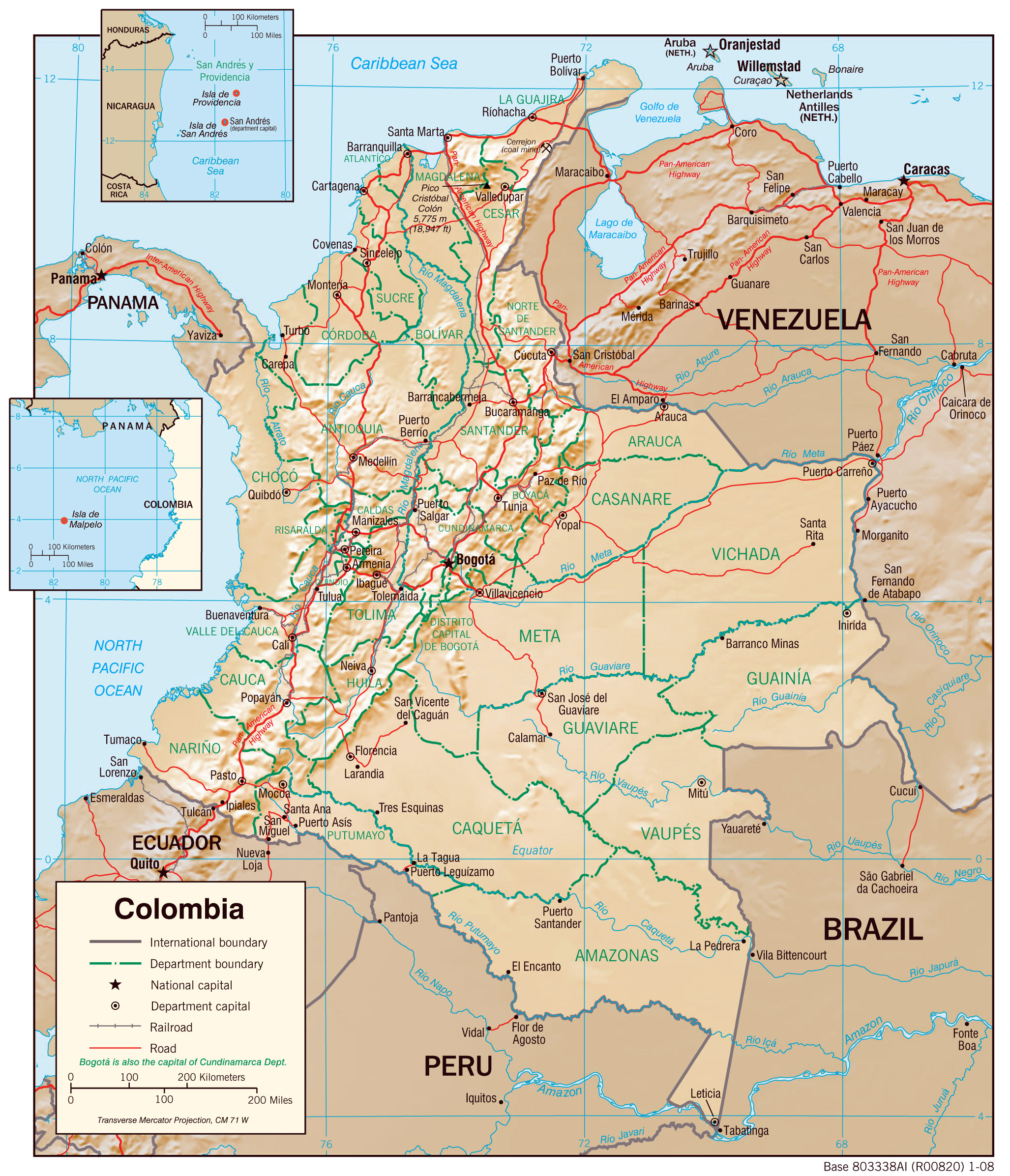 Large detailed physiography map of Colombia with major cities and roads