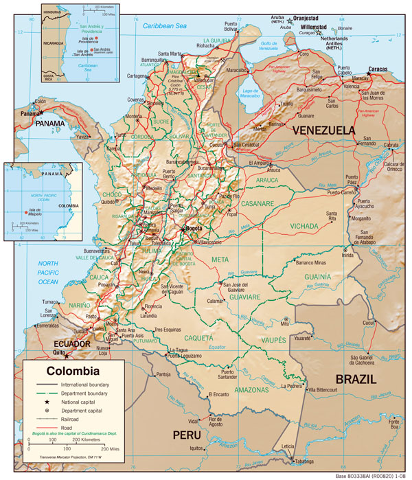 Large detailed physiography map of Colombia with major cities and roads - 2008.