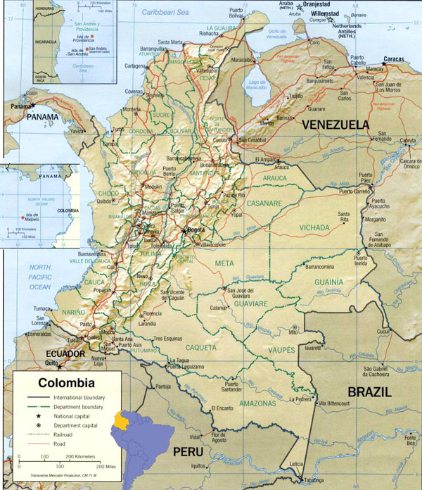 Large detailed political and administrative map of Colombia with all cities.