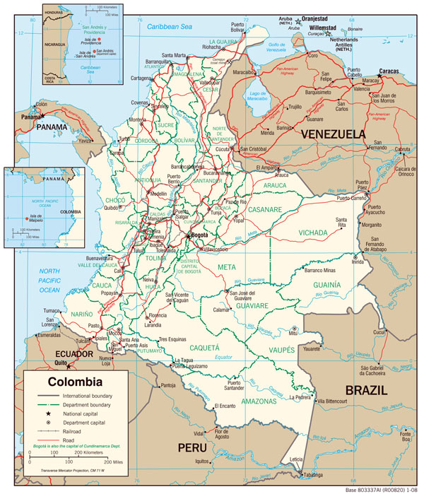 Large detailed political map of Colombia with administrative divisions, major cities and roads - 2008.