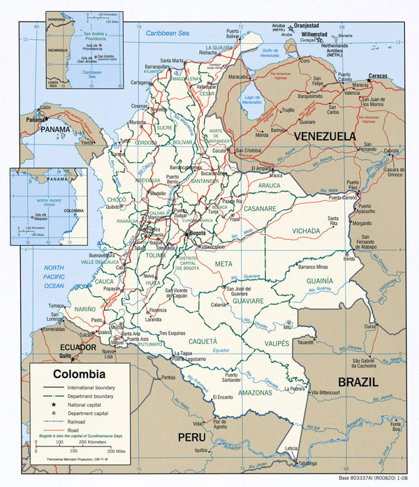 Large detailed political map of Colombia with major cities and roads - 2008.