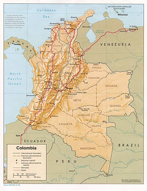 Large detailed relief and administrative map of Colombia with cities.