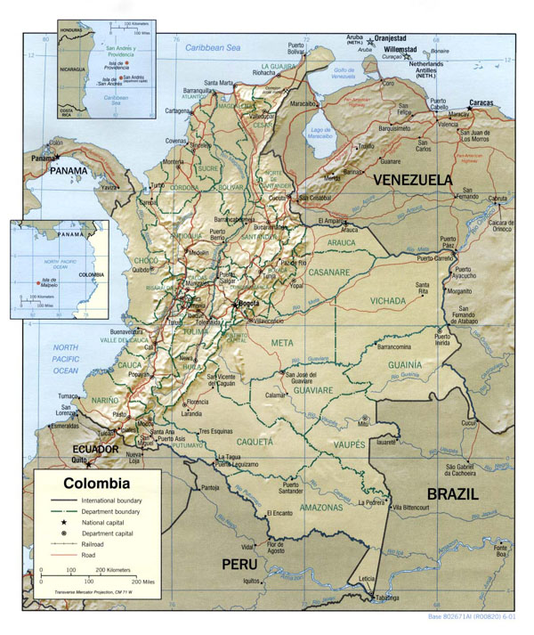Large detailed relief and political map of Colombia with cities.