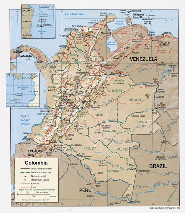 Large detailed relief map of Colombia with major cities and roads - 2008.