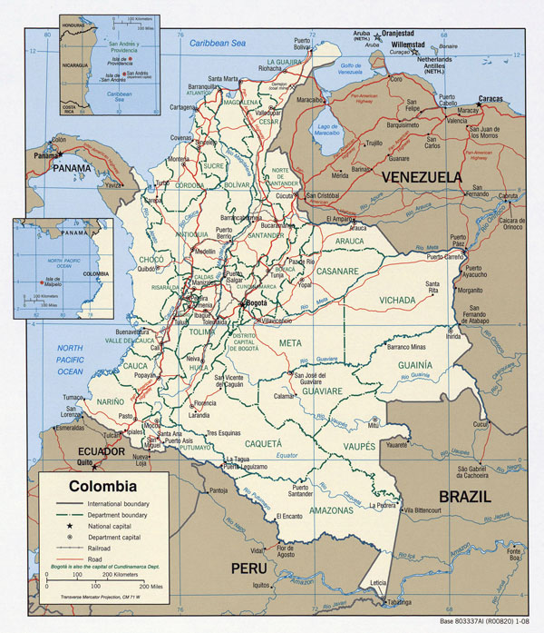 Large detailed road and administrative map of Colombia.