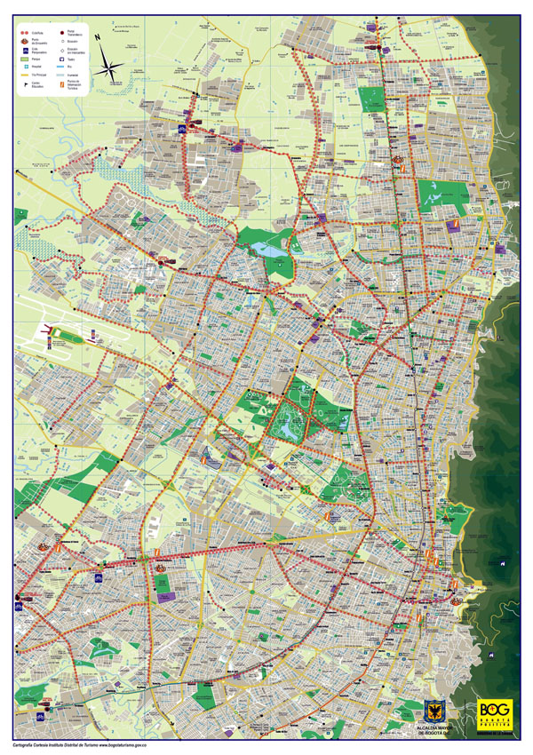 Large roads and tourist map of Bogota city.