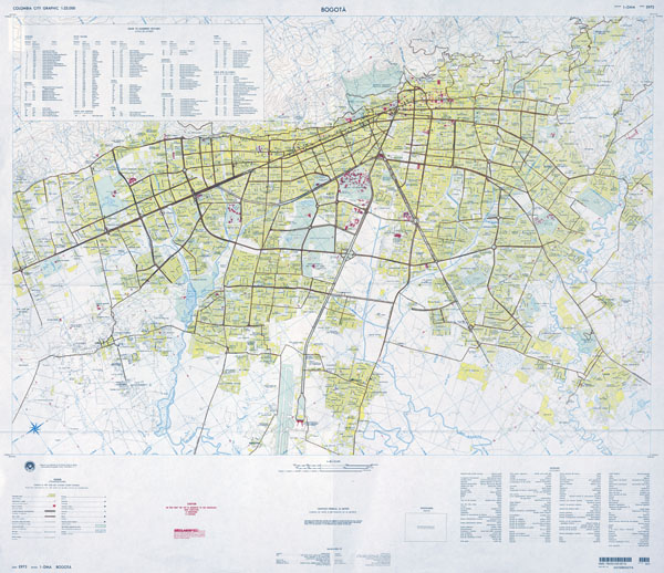 Large scale detailed roads map of Bogota city with all buildings.