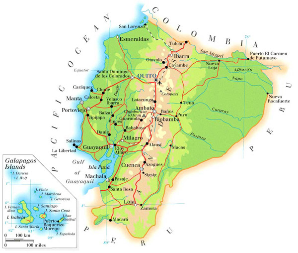 Detailed physical map of Ecuador with roads.