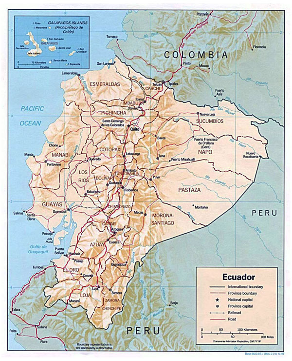 Large detailed political and administrative map of Ecuador with relief.