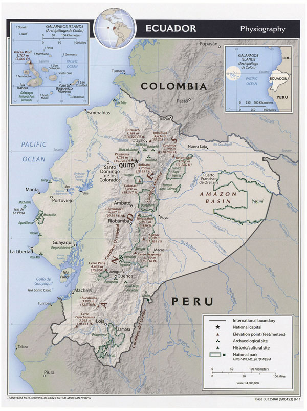 Large detailed relief and political map of Ecuador with cities.