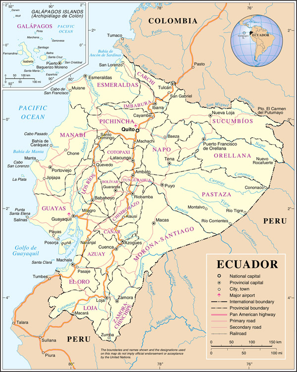 Large detailed road and administrative map of Ecuador.