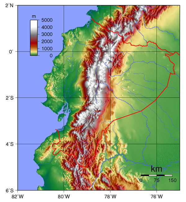 Large detailed topographical map of Ecuador. Ecuador large detailed topographical map.