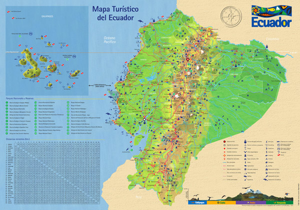 Large detailed tourist map of Ecuador with roads.