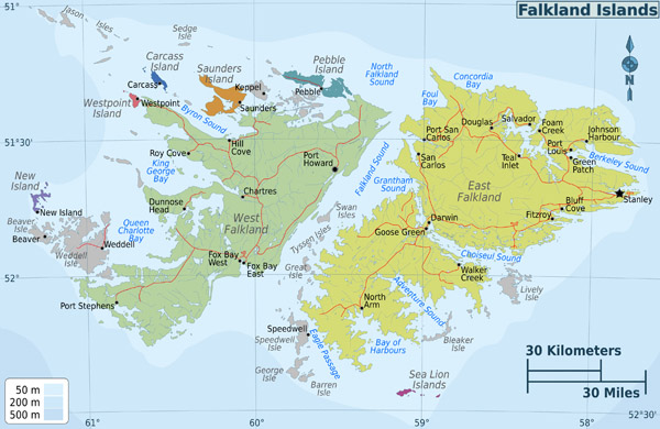 Large detailed administrative map of Falkland Islands with all cities.