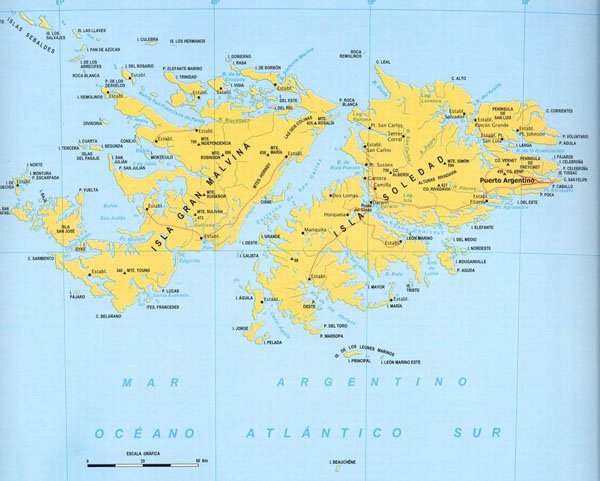 Large detailed map of Falkland islands with cities.