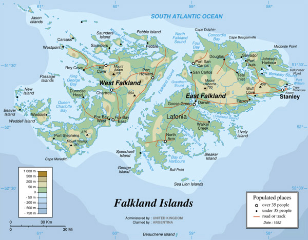 Large detailed physical map of Falkland Islands. Falkland Islands large detailed physical map.