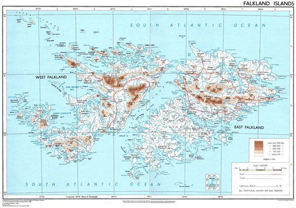 Large detailed physical map of Falkland Islands with cities and roads.