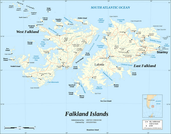 Large detailed relief and road map of Falkland Islands.