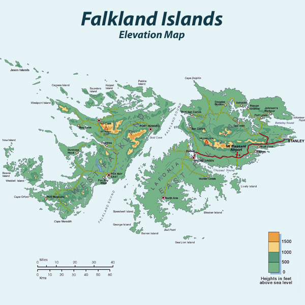 Large detailed road and elevation map of Falkland Islands.