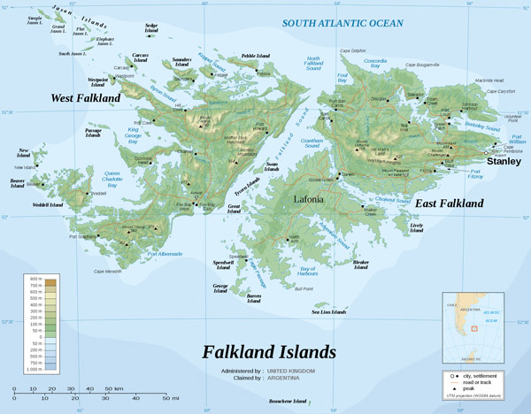 Large detailed topographical map of Falkland Islands.