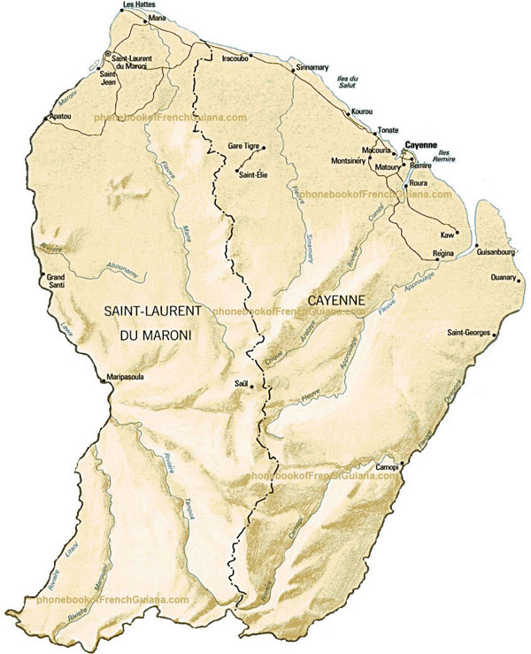 Detailed administrative and relief map of French Guiana.