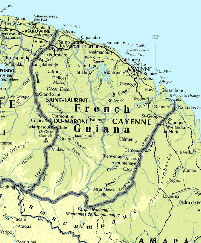 Detailed map of French Guiana with roads and cities. French Guiana detailed map with roads and cities. Detailed map of French Guiana with roads and cities.