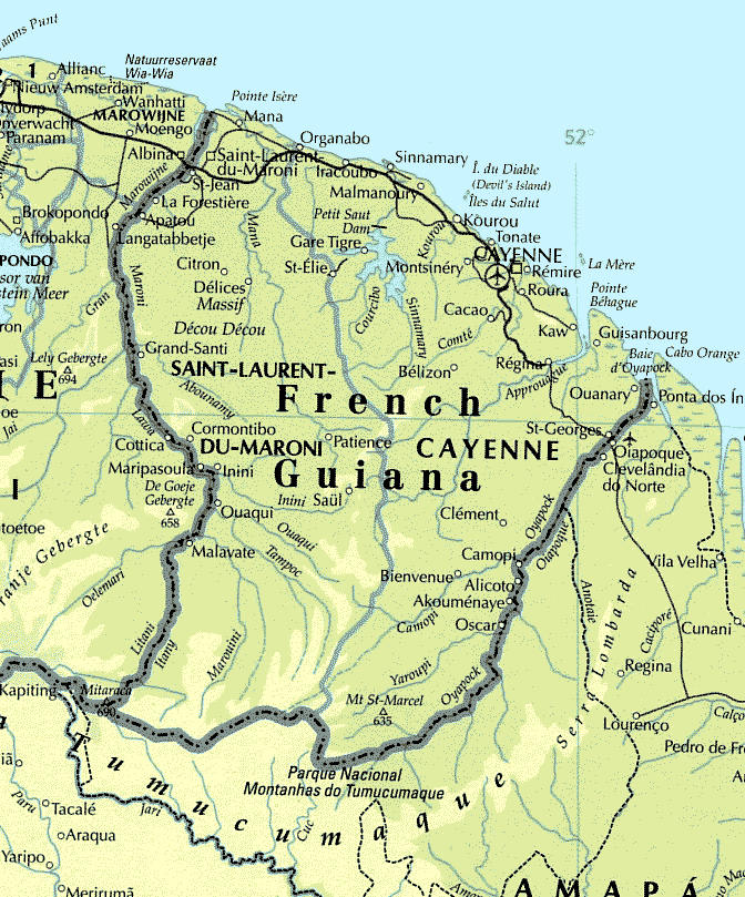 Detailed map of French Guiana with roads and cities.