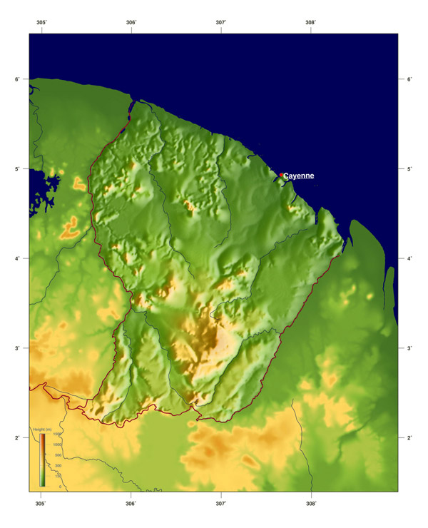 Detailed physical map of French Guiana. French Guiana detailed physical map.