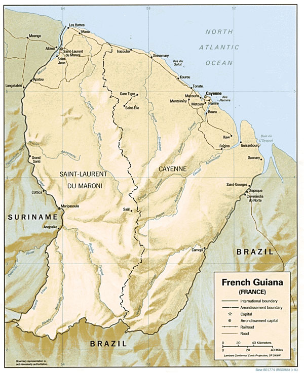 French Guiana detailed relief map with cities.