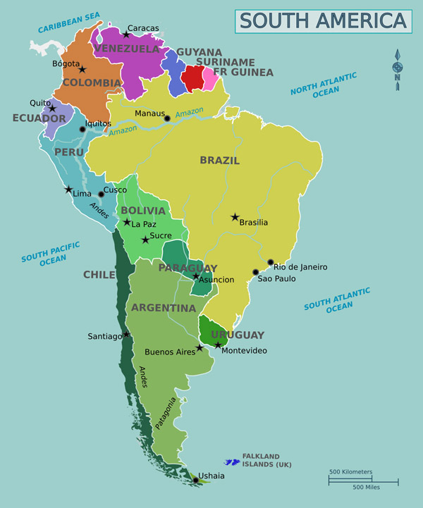 Full political map of South America. South America full political map.