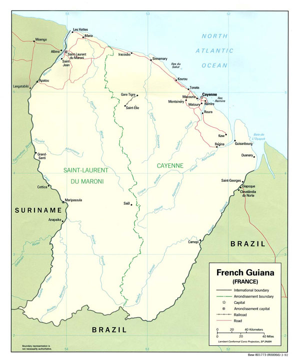 Large detailed political and administrative map of French Guiana with cities.