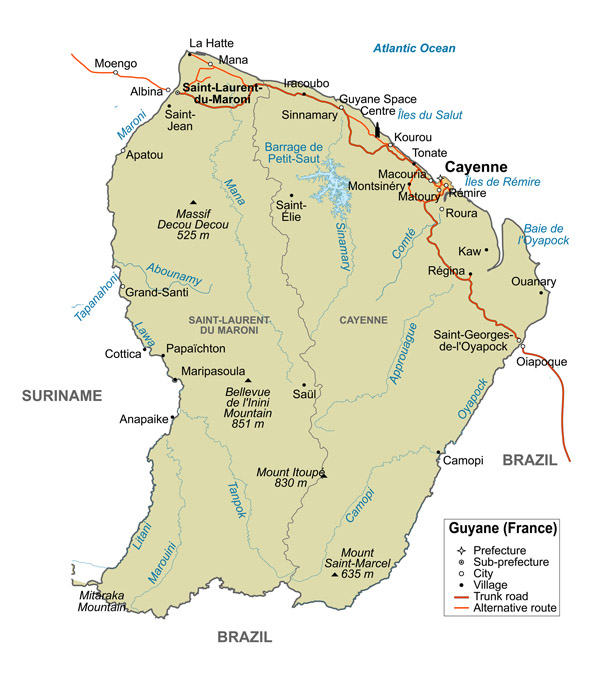 Large detailed political and road map of French Guiana.