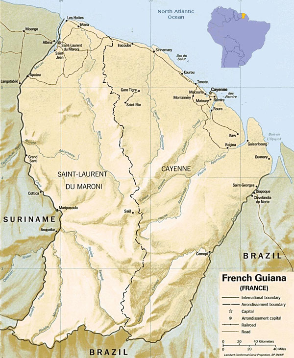 Large detailed relief and political map of French Guiana.