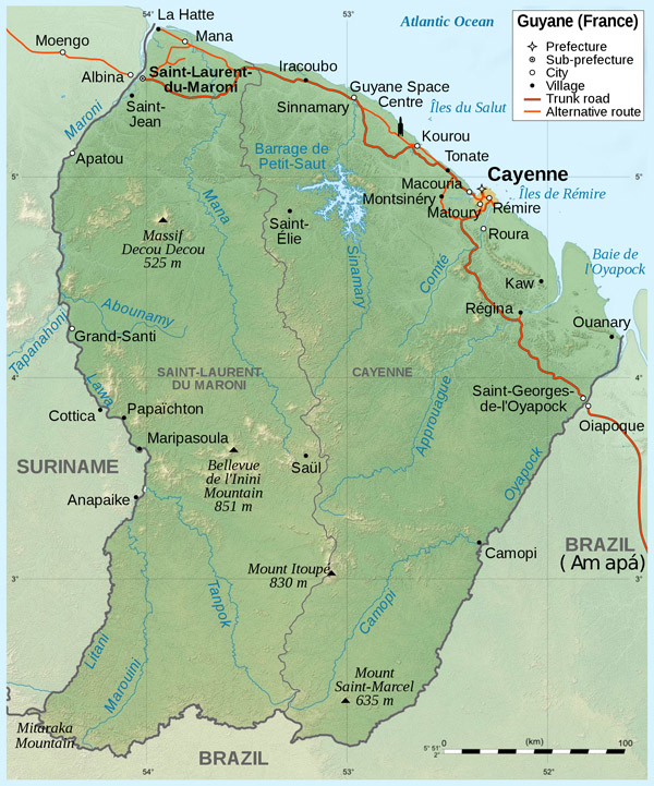 Large detailed topographical map of French Guiana.