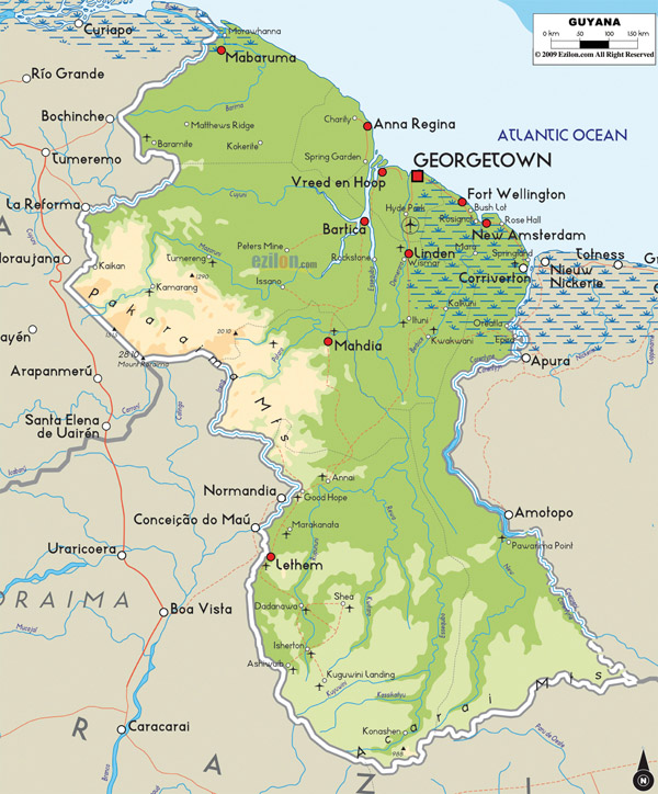 Large detailed physical map of Guyana with cities and airports.