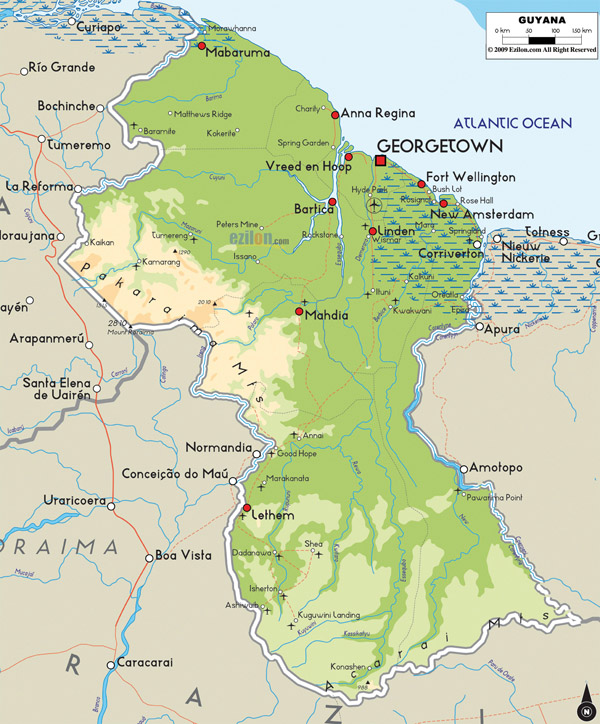Large detailed physical map of Guyana with cities and airports. Guyana physical map with cities and airports. Large detailed physical map of Guyana with cities and airports.