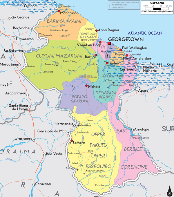 Large detailed political and administrative map of Guyana with cities and roads.